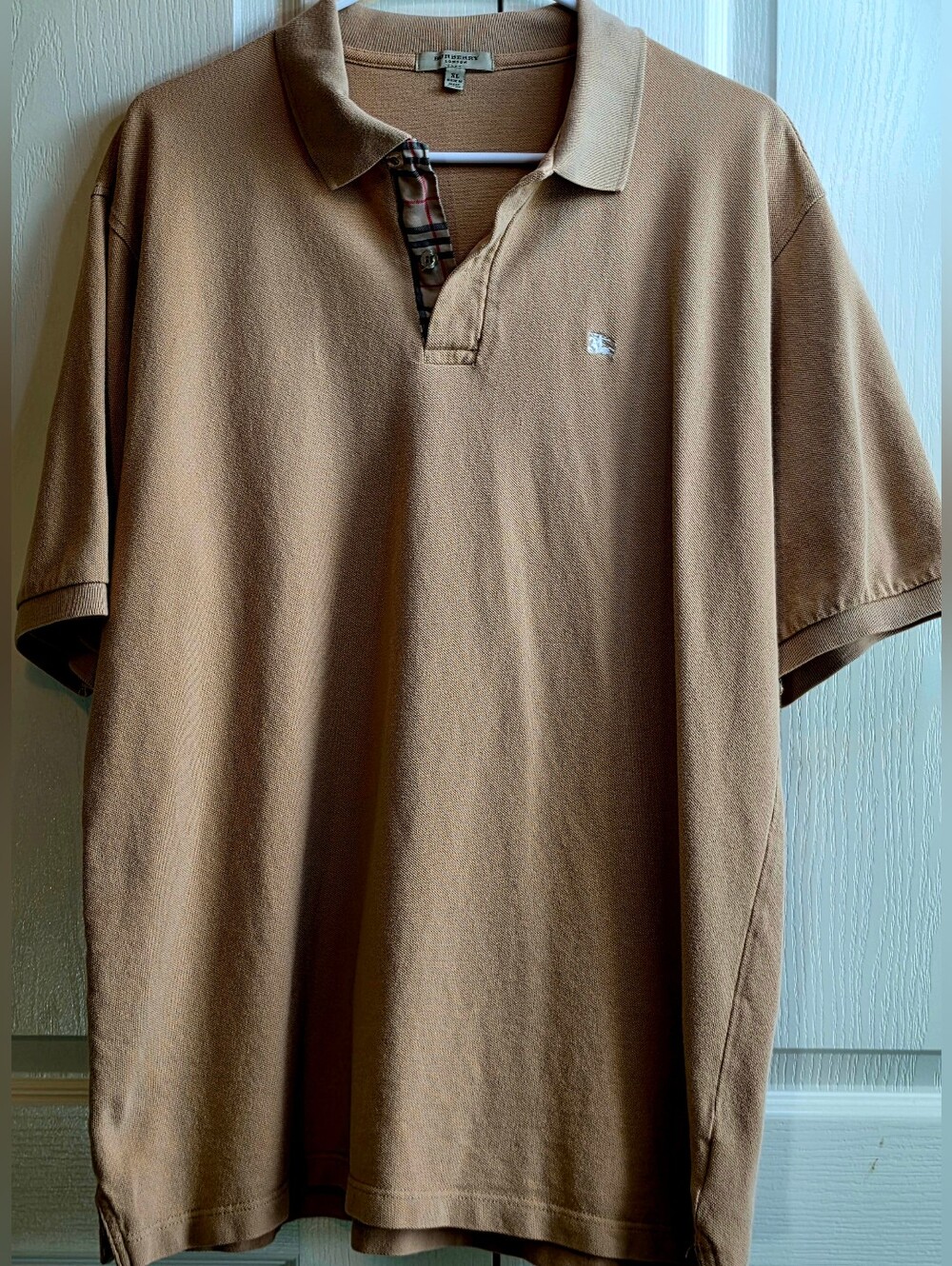 Burberry London Men's XL Camel Polo Shirt with Check Trim
